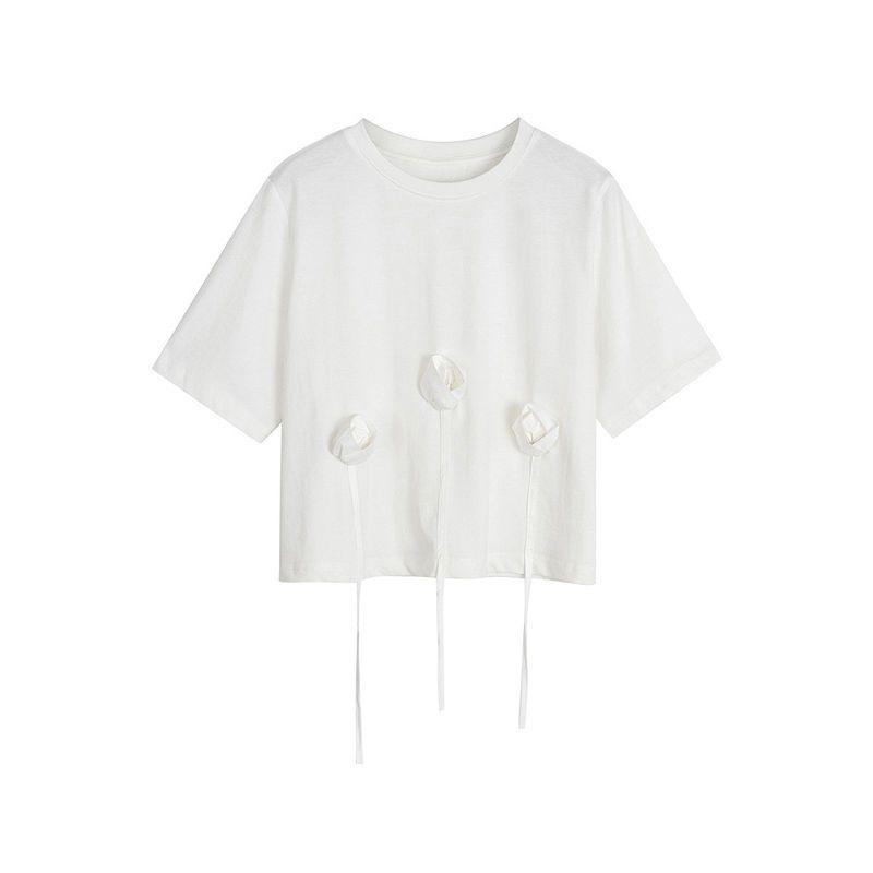 Dreidimensionales Kurzarm-T-Shirt mit Blumenband für Damen im Sommerdesign, Nische, einzigartiges, vielseitiges Oberteil in Volltonfarbe