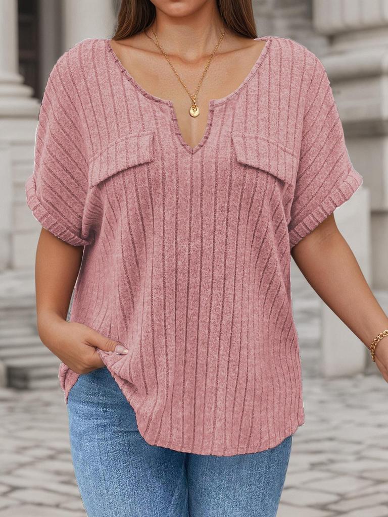 2026 Spring/Summer Plus Size Women's V-Neck Short Sleeve Solid Color Pullover T-Shirt