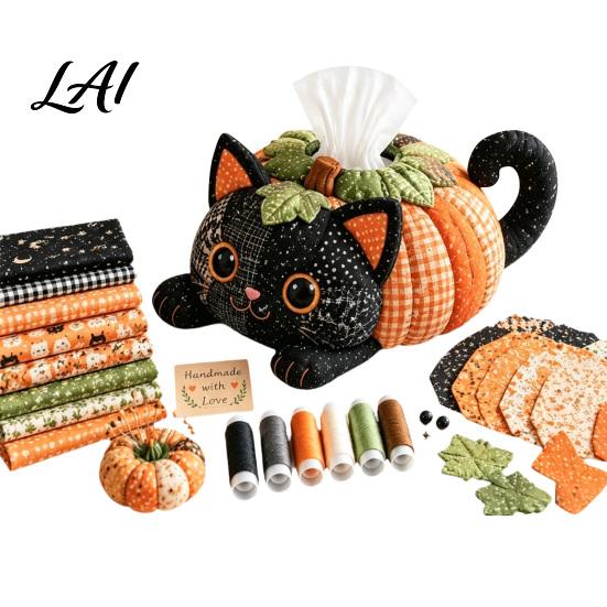 Handicraft Enthusiasts Patchwork Tissue Box DIY Sewing Kit Halloween Theme Fabric Craft Spooky Ornament Making Set Quilted Cover for Home