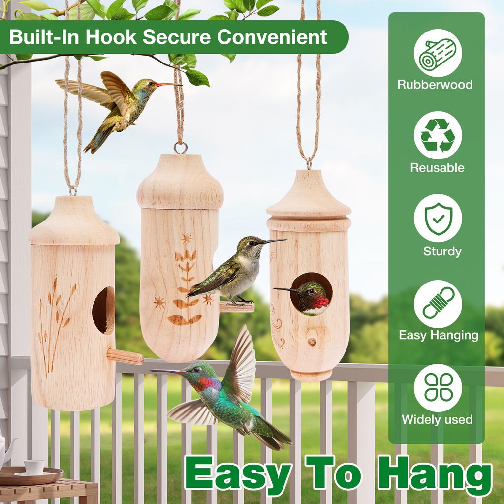 3Pcs Hummingbird House for Outside Hanging Wooden Bird House Hummingbird Feeder Gardening Yard Decoration