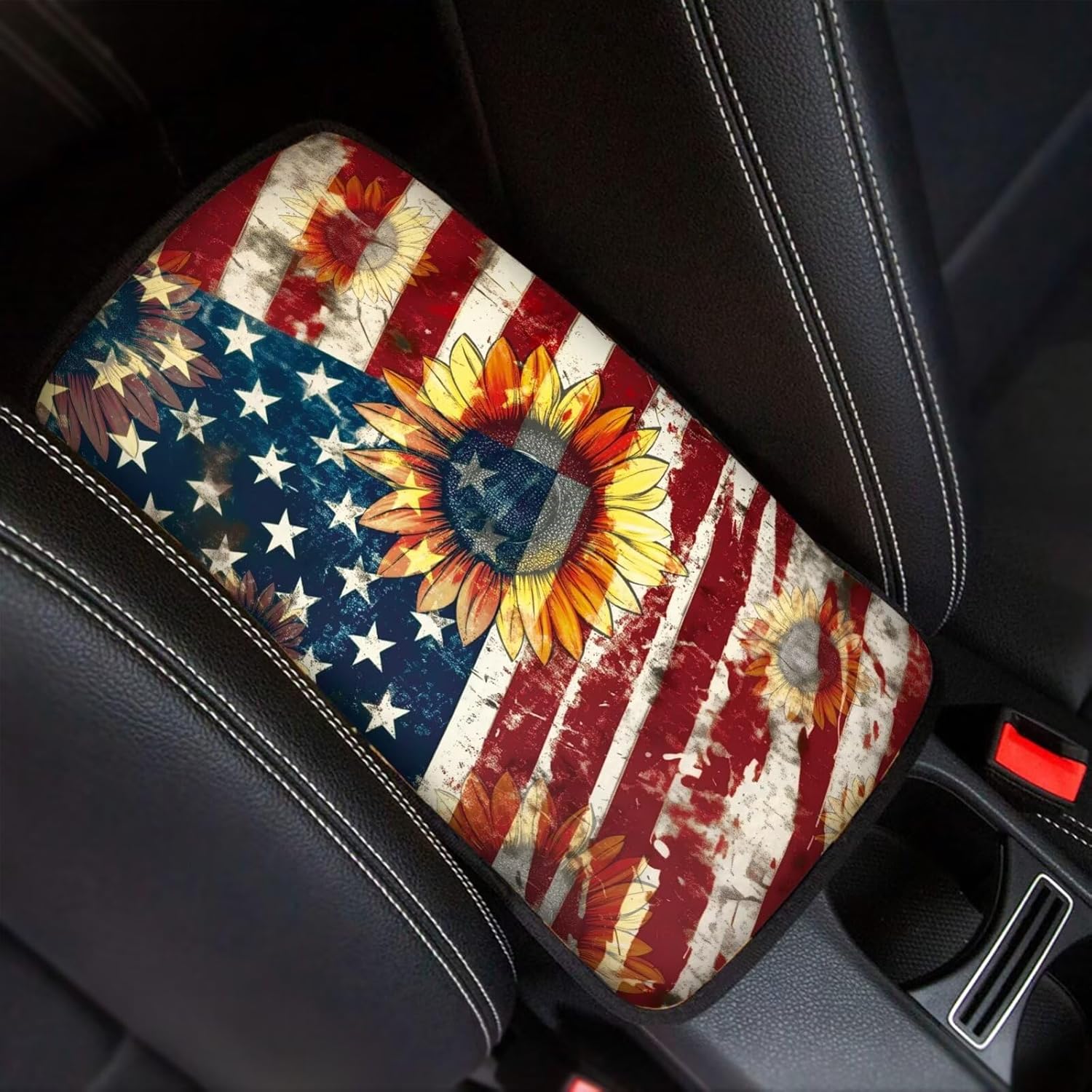 Wanyint American Flag Sunflower Car Center Console Armrest Cover, Soft Armrest Cushion Cover Pad Auto Car Interior Accessory Universal Fit for Sedans American Flag Sunflower