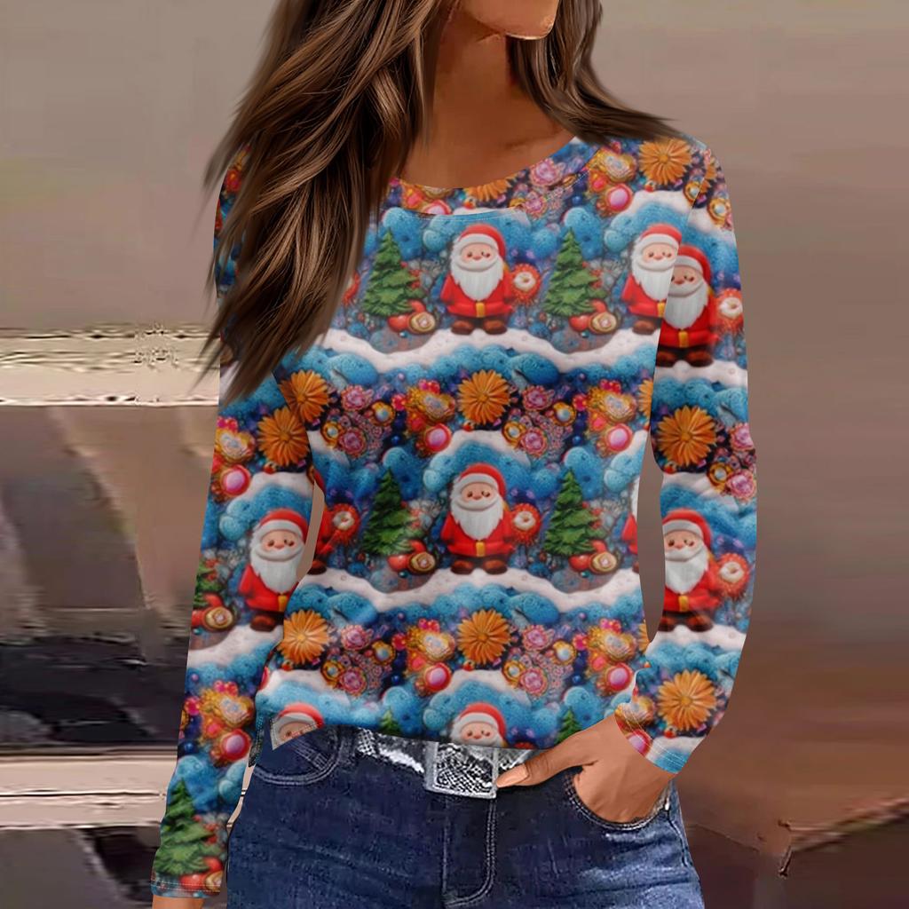 Women's Fashion Casual Slit Hem Round Neck Long Sleeve Loose  Printed T-Shirt Ladies Top