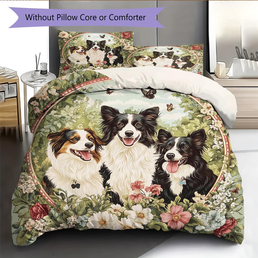 Border Collie and Grassland Pattern Bedding Home Decoration Birthday Gift (1 * Duvet Cover + 2 * Pillowcase, Without Core)