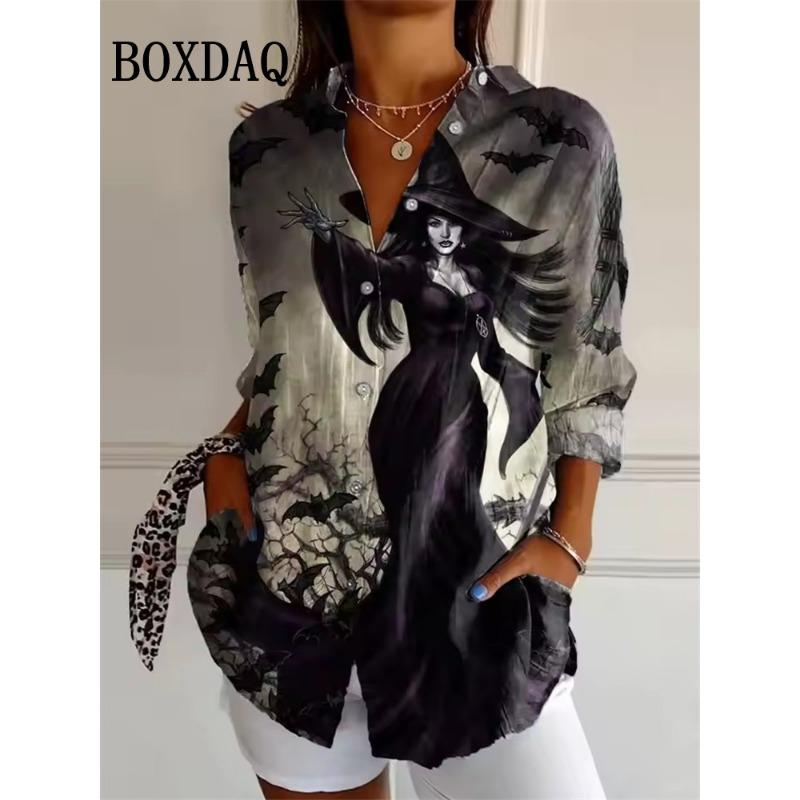 Women's Halloween 3D Witch Bat Print Blouse 2025 Autumn Fashion Long Sleeve Tops Trendy Loose Casual Lapel Party Shirts