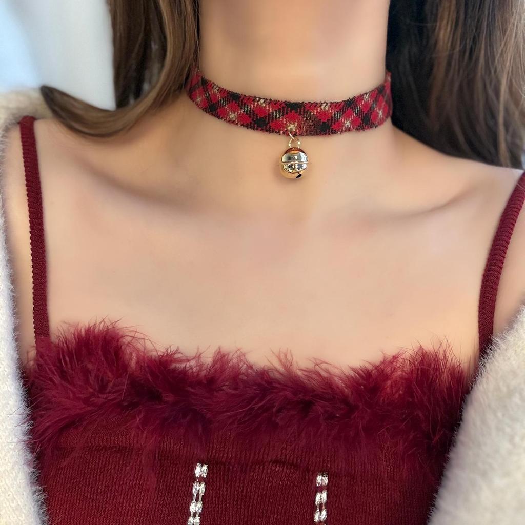Wine Red Christmas Bow Bell Plush Choker Necklace