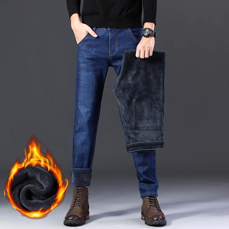 Herre Fleece Jeans Vinter Ny Pluss Størrelse Tykk Varm Rett Stretch Herre Business Casual Arbeid Denim Tykkere Bukser