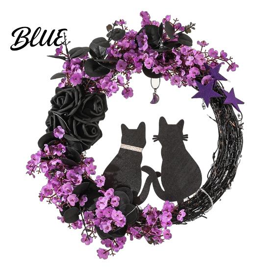 Halloween Store Decoration Lights Floral Garland with String Lights Black Cat Silhouette Door Wreath Wreath for Front Indoor Outdoor Wall