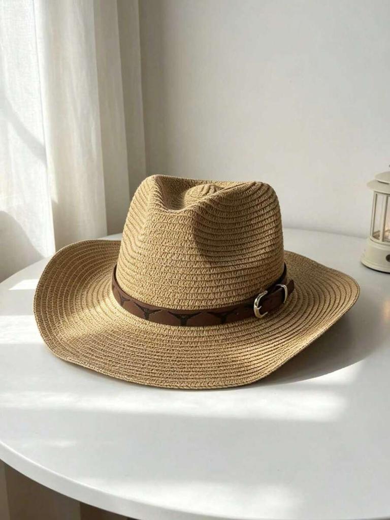 Womens Straw Cowboy Hat With Wide Brim UV Protection Beach Sun Hat Leather Band