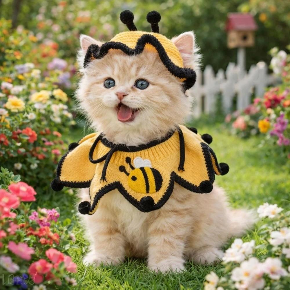 Cat Headgear Elastic Pet Knitted Hat Comfortable Warm Dog Scarfs Bee Shaped Pet Costumes Pet Accessories