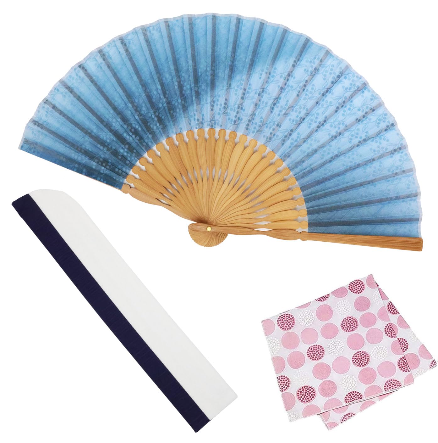 

[Osaka Choseido] Women s Stylish Business Fan Set with Fan Case and Handkerchief - Lily of the Valley (Blue)