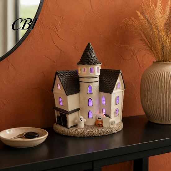 Gothic Home Decor Accents Vintage Light-Up Cottage Halloween Decoration, Ghost Pumpkin Village House LED Lighted Miniature Building Figurine,
