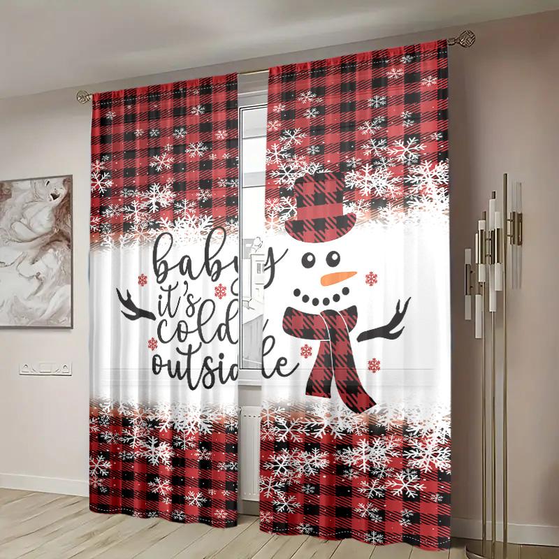 2 Pieces, Christmas Snowman Checkered Curtains -30% Blackout - Suitable for Living Room, Bedroom, Kitchen, Home Decoration