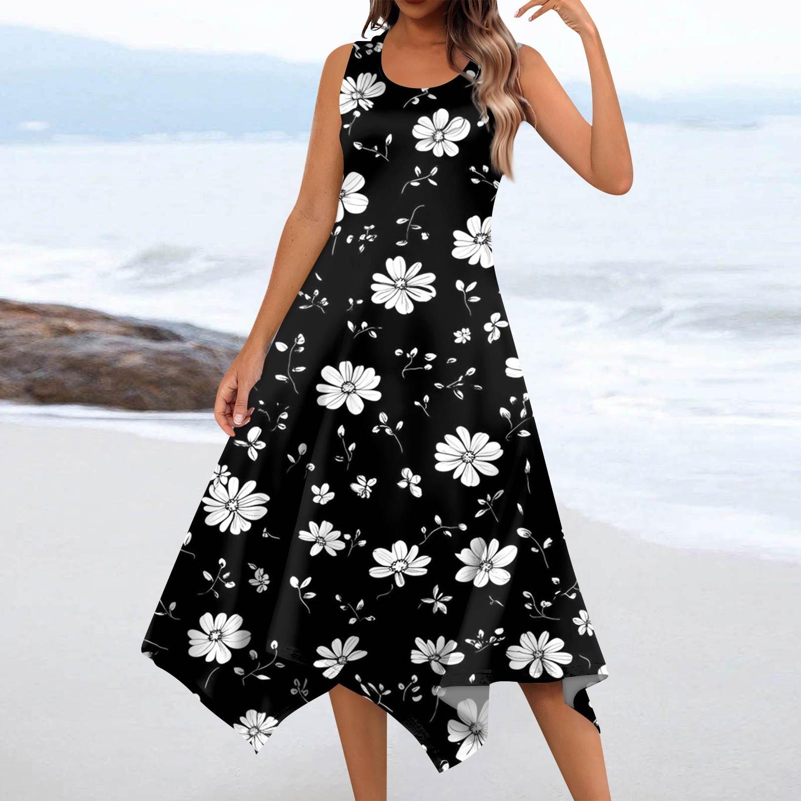 Women s Casual Fashion Round Neck Sleeveless Floral Print Irregular Hem Midi Dress L чёрный