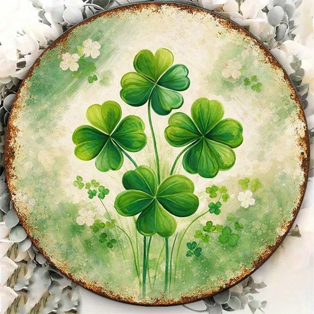 1pc Vintage Four Leaf Clover Round Tin Sign 8x8in Retro Irish Luck Metal Wall Plaque 2D Flat Decor For Bar Cafe Restaurant Office Home