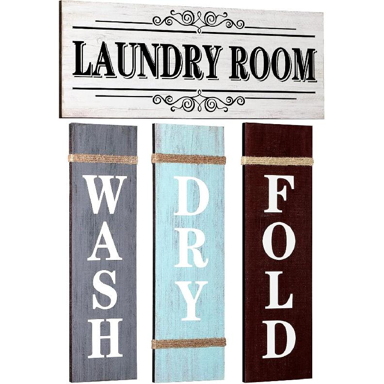 4 Pieces Home Vintage Laundry Room Canvas Wall Art, Laundry Rules Prints Signs Framed, Rustic Bathroom Laundry Room Decor Retro Wash Wall Art for