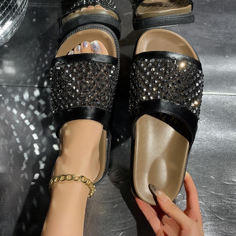 Women’s Rhinestone Slip-On Platform Birkenstyle Sandals, Handmade, Thick Sole, Beach and Casual Wear