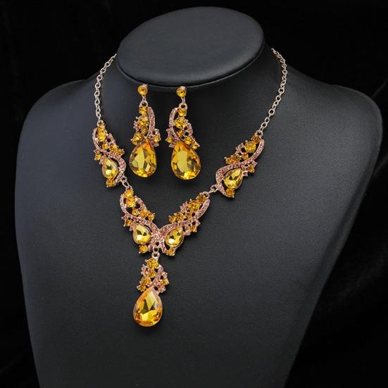 Women Necklace Earrings Rhinestone Luxury Hollow Symmetric Retro Set Out Anti-allergy Hanging Earrings Bridal Wedding