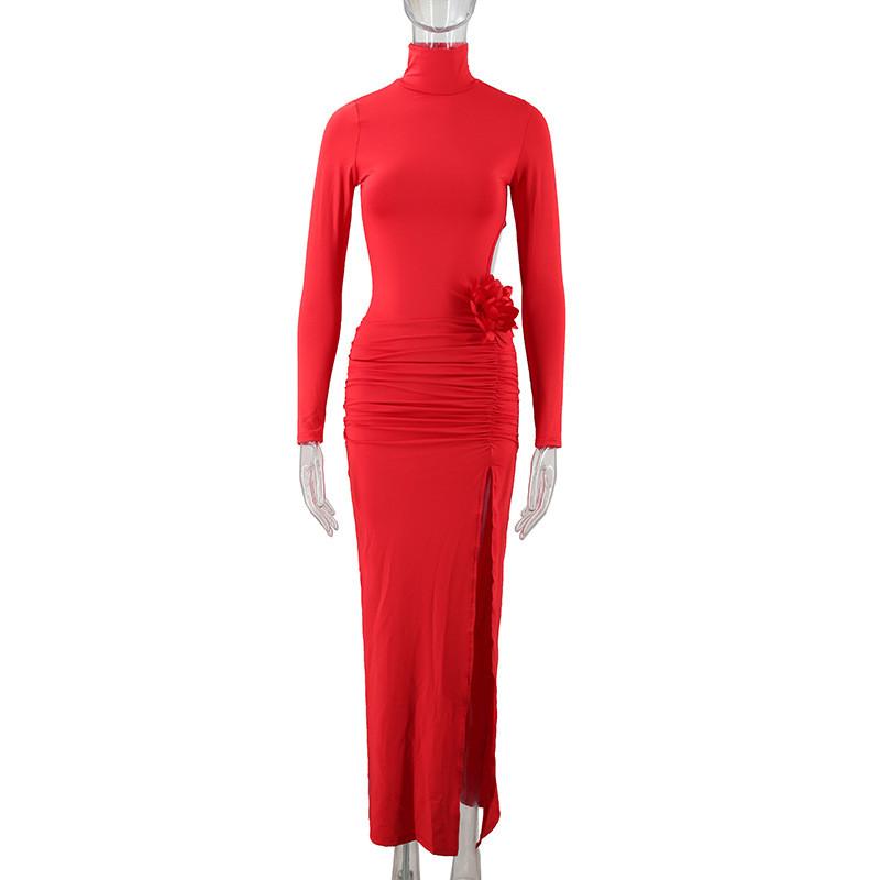 Sexy Red Satin Night Dress With 3d Floral Embellishments For Evening Wear