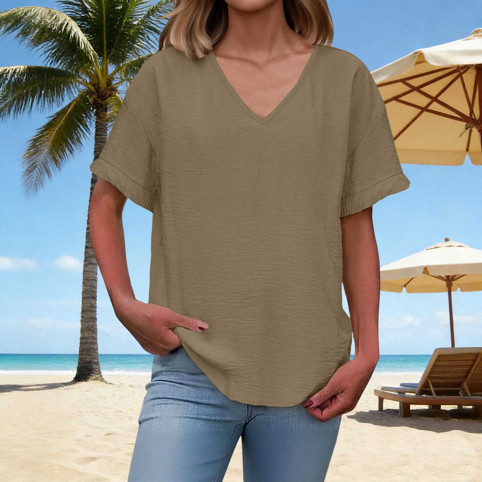 

Womens Spring Tops V Neck Short Sleeve Blouse Summer Shirts for Women Relaxed Fit Lightweight Womens Summer Shirts XXL хаки