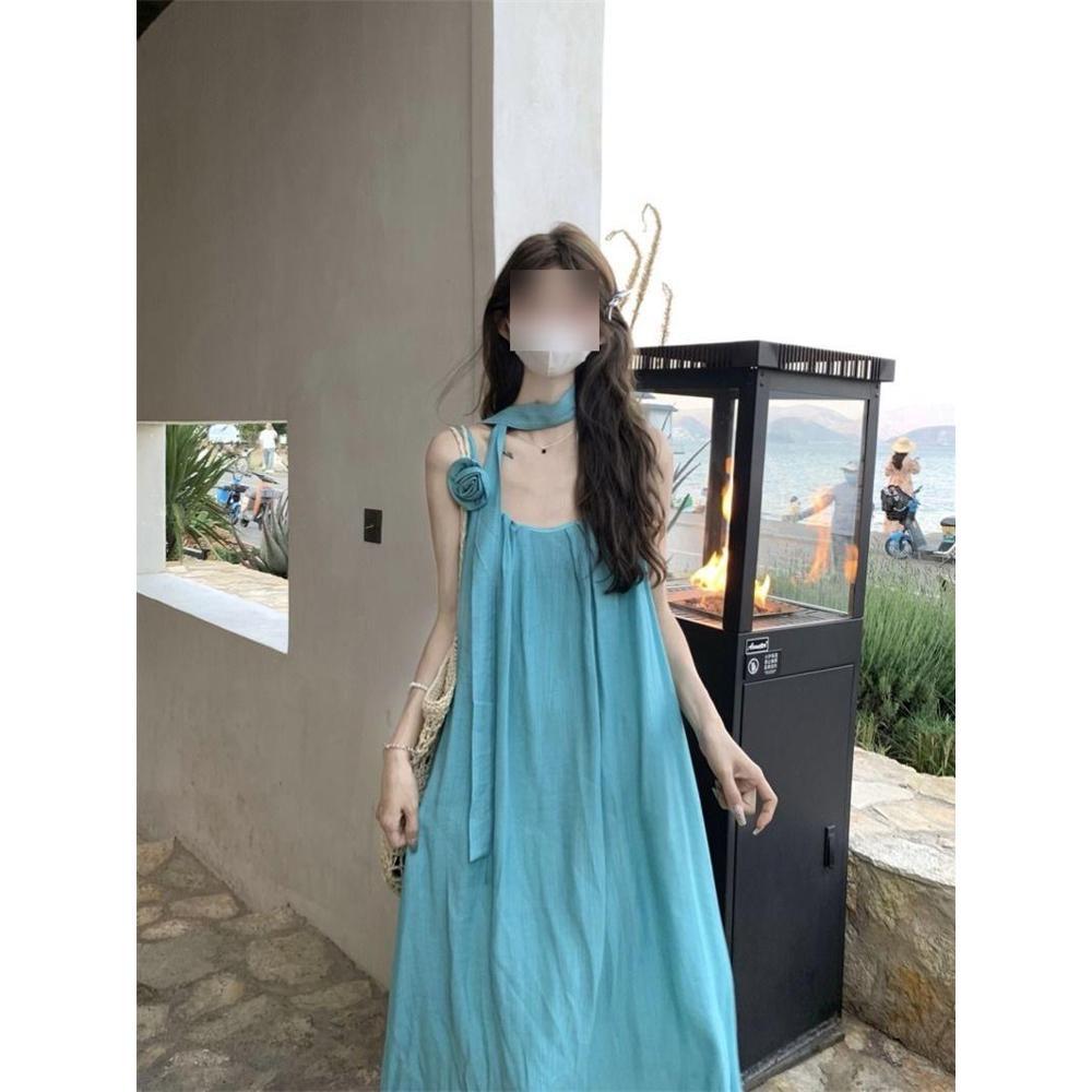 See-blaues Nacken-Schlinge-Kleid Damen Sommer Dopamin Helle Blumen Strandurlaub Strandkleid