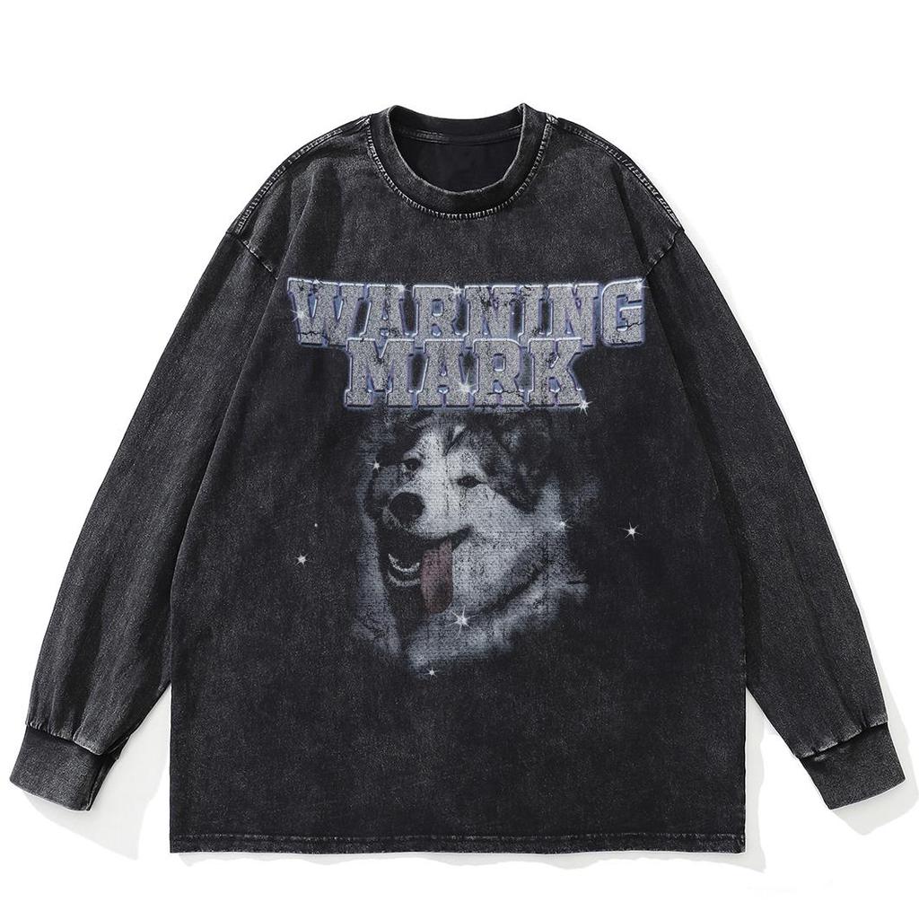 Streetwear Hutches Grafik Gewaschenes Schwarzes T-Shirt Baumwolle Unisex Übergröße Langarm T-Shirt