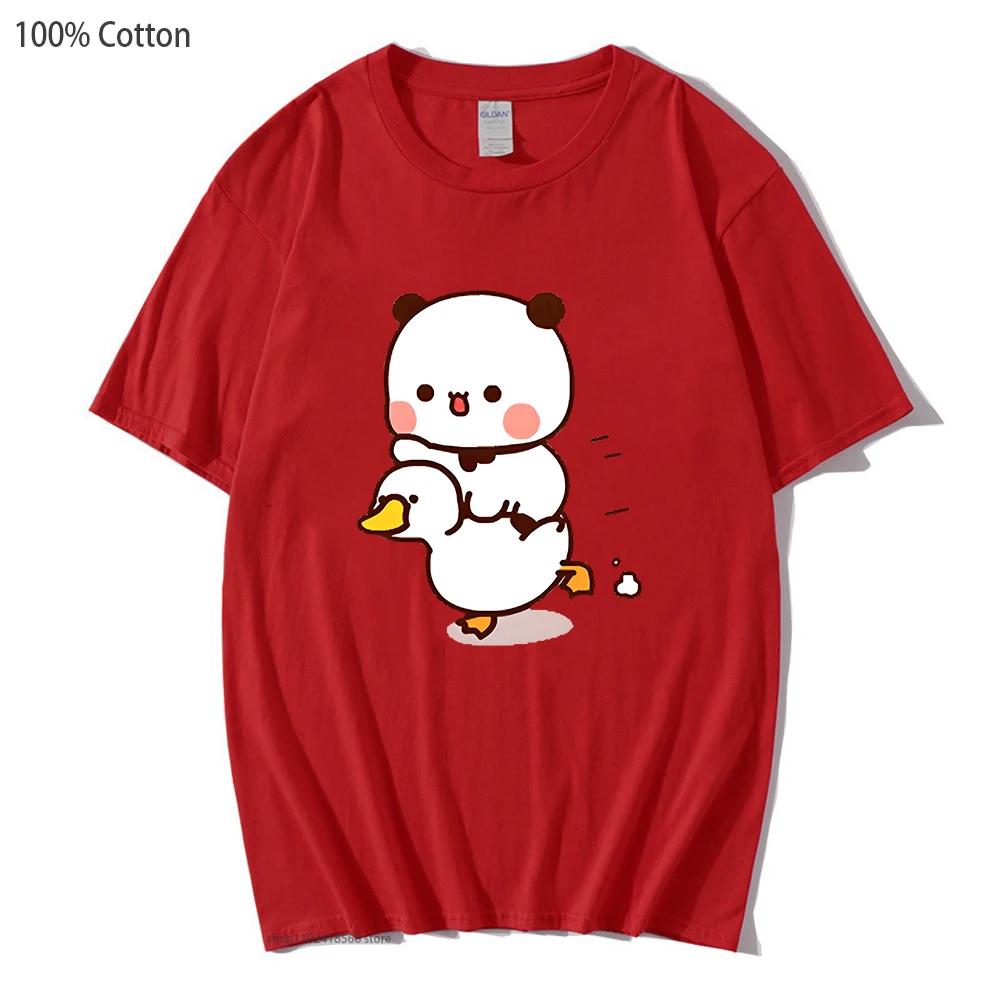 Cute Bubu and Duud Is Riding A White Duck Tshirt Panda and Brownie Bear Clothes Cotton T-Shirts for Men Women Couple