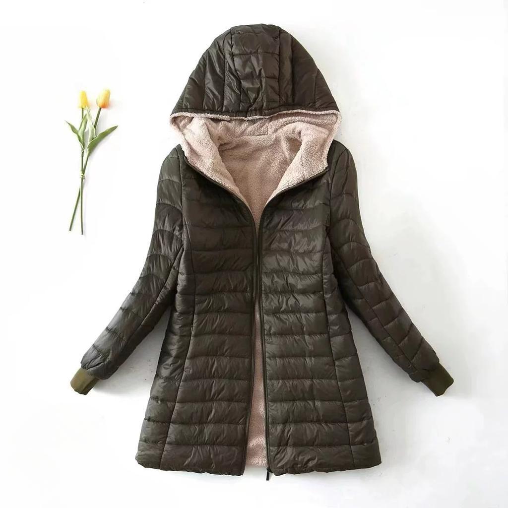 Autumn and Winter Thickened Plus Velvet Hooded Mid-length Slim-fit Warm Lamb Fleece Cotton Coat Women's Jacket