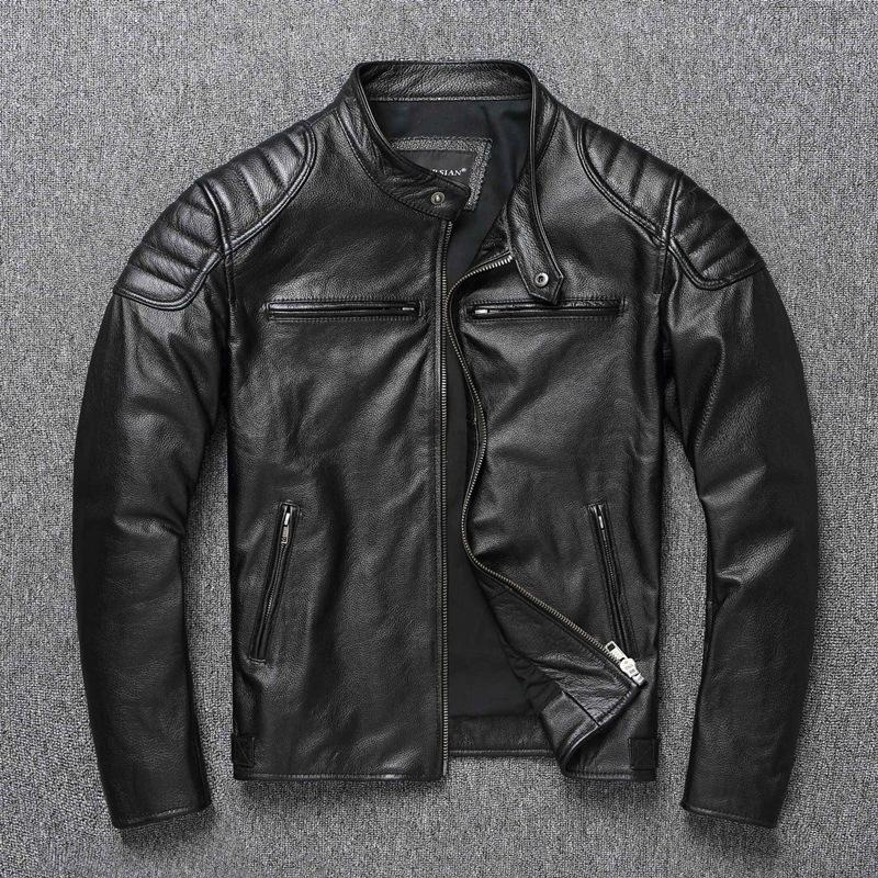 The new Khaki cowhide pattern is very good, leather jacket, men's stand-up collar lapel locomotive clothing, middle-aged and young men's leather jacke