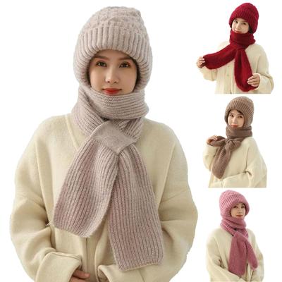 Capuche avec écoute intégrée, écharpe chaude 2 en 1, bonnet en tricot épais, bonnet d'hiver en peluche