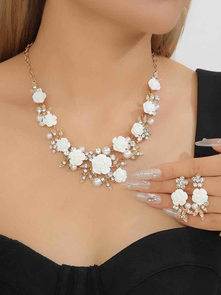 Conjunto de Collar y Pendientes Kaiyi Fashion Fresco de Esmalte con Diamantes y Perlas de Camelia