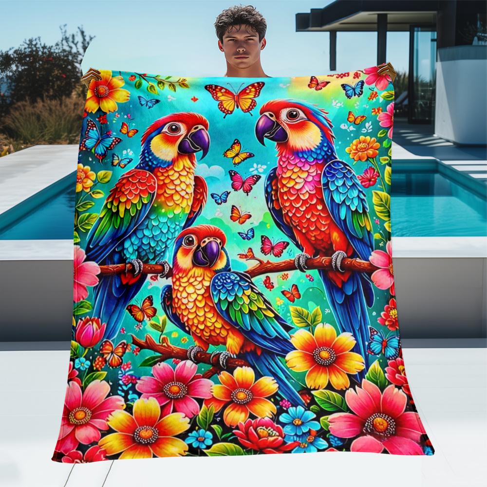 Colorful Parrot Butterfly Flower Jungle Blanket Soft Flannel Throw Tropical Bird Decor Exotic Nature Theme Bedding 75x90cm