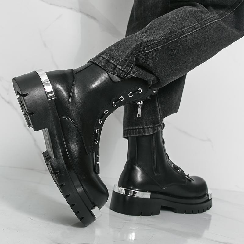 Men Motorcycle Black Thick Sole Height Increase High Boots Street Style Cool Elevator Punk Boots Large Size