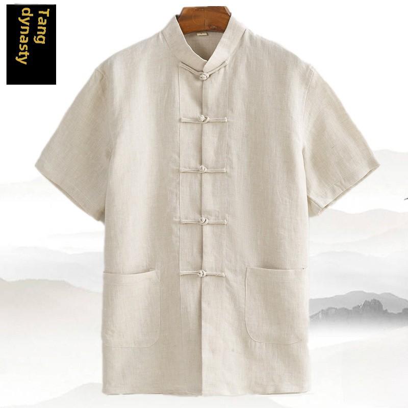 [Popular] Cămașă de vară cu mânecă scurtă pentru bărbați, stil chinezesc, in pur, retro, costum Tang