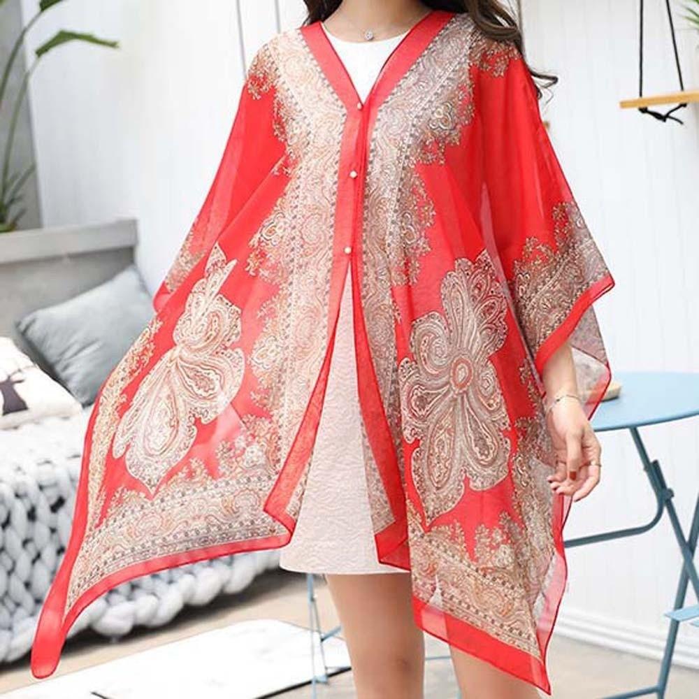 With Buckle Sunscreen Thin Large Scarf Breathable Seaside Vacation Cloak  for Mom