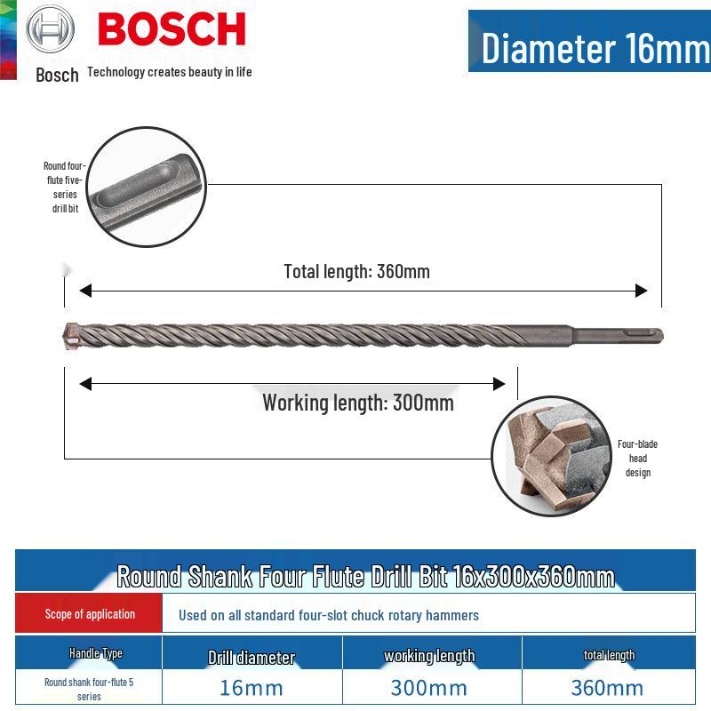 Bosch 5-Series Electric Hammer Drill Bit, Four-Groove, Cross Wall-Penetrating, Extended Length, Round Shank for Concrete.