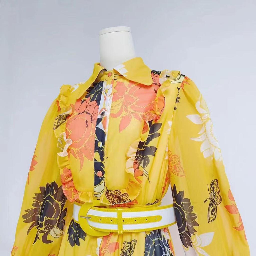 2023 Autumn Women's Short Dress: Lapel, Lantern Sleeves, Single-Breasted with Buckle Belt and Waist Print Detail