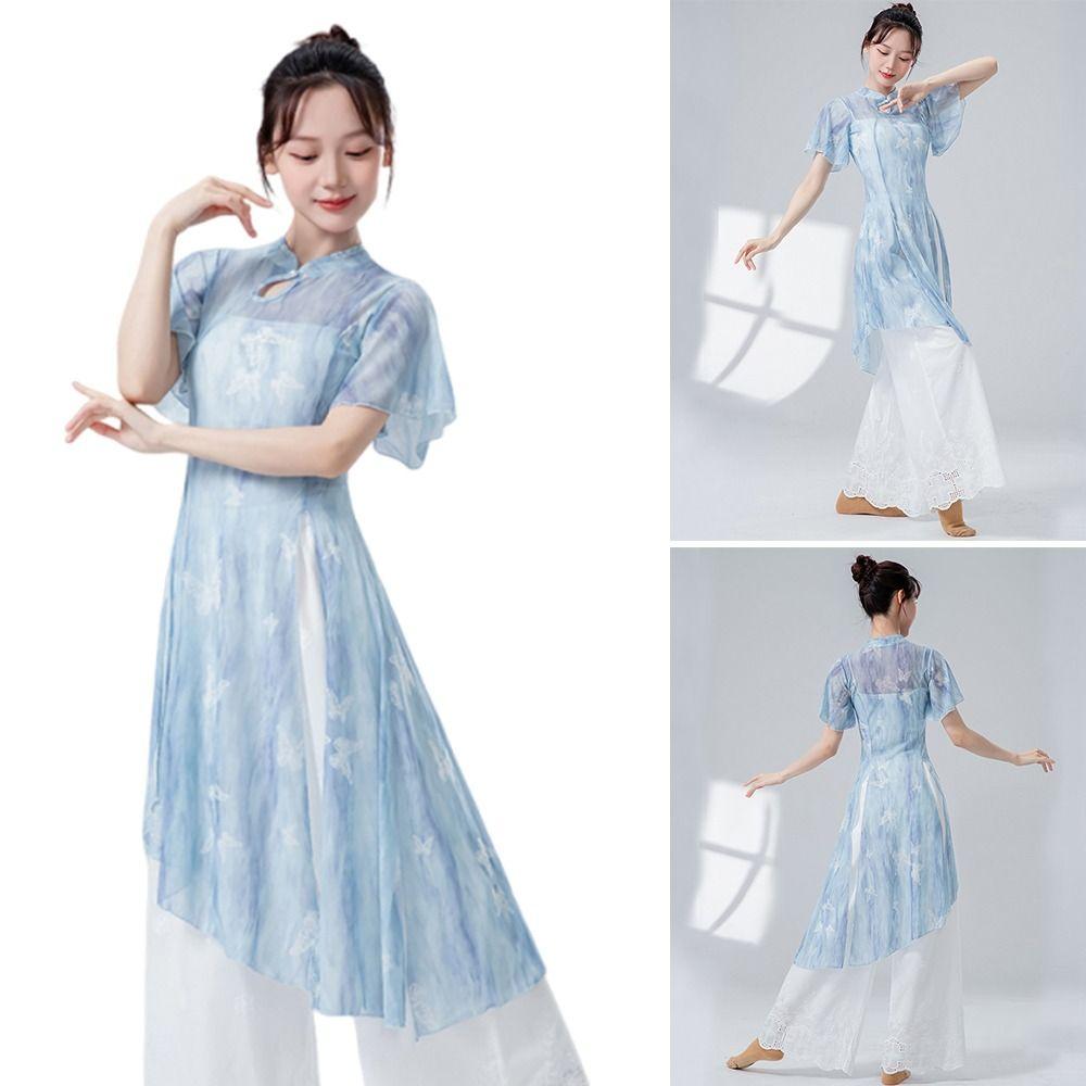 Cheongsam Neck Classical Dance Top Split Hem Dance Mesh Top Fashion Hanfu Blouse Women