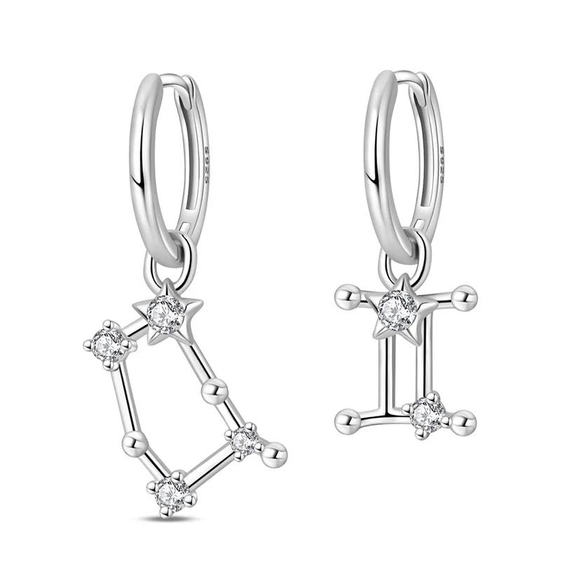12 Constellation Series Earrings 925 Sterling Silver Women 2025 Zircon Ear Studs Sparkling Pave Hoop Earring Jewelry Gift