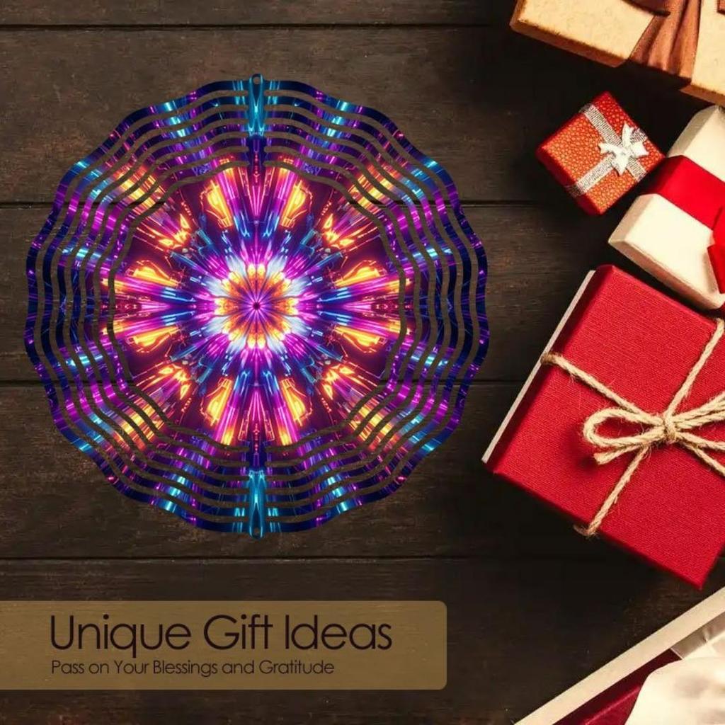 Vibrant 3D Mandala Wind Chime Colorful Kaleidoscope Pattern Dynamic Rotation Art Metal Hanging Decor for Indoor Outdoor Thanksgiving Christmas Gift