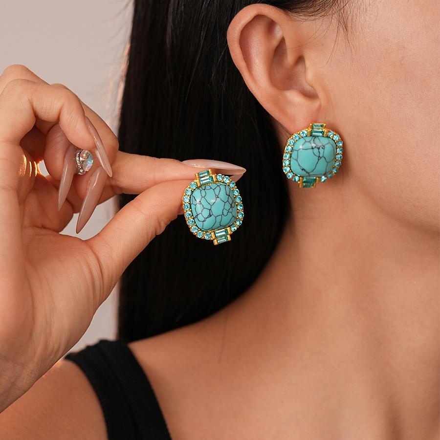 Artificial Turquoise Diamond-set Geometric Square Silver Needle Stud Earrings French Fashion Temperament Earrings