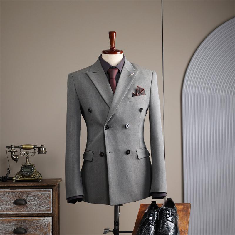 Men's Double-Breasted Striped Suit Set for Weddings & Business – Slim Fit Tuxedo & Formal Wear