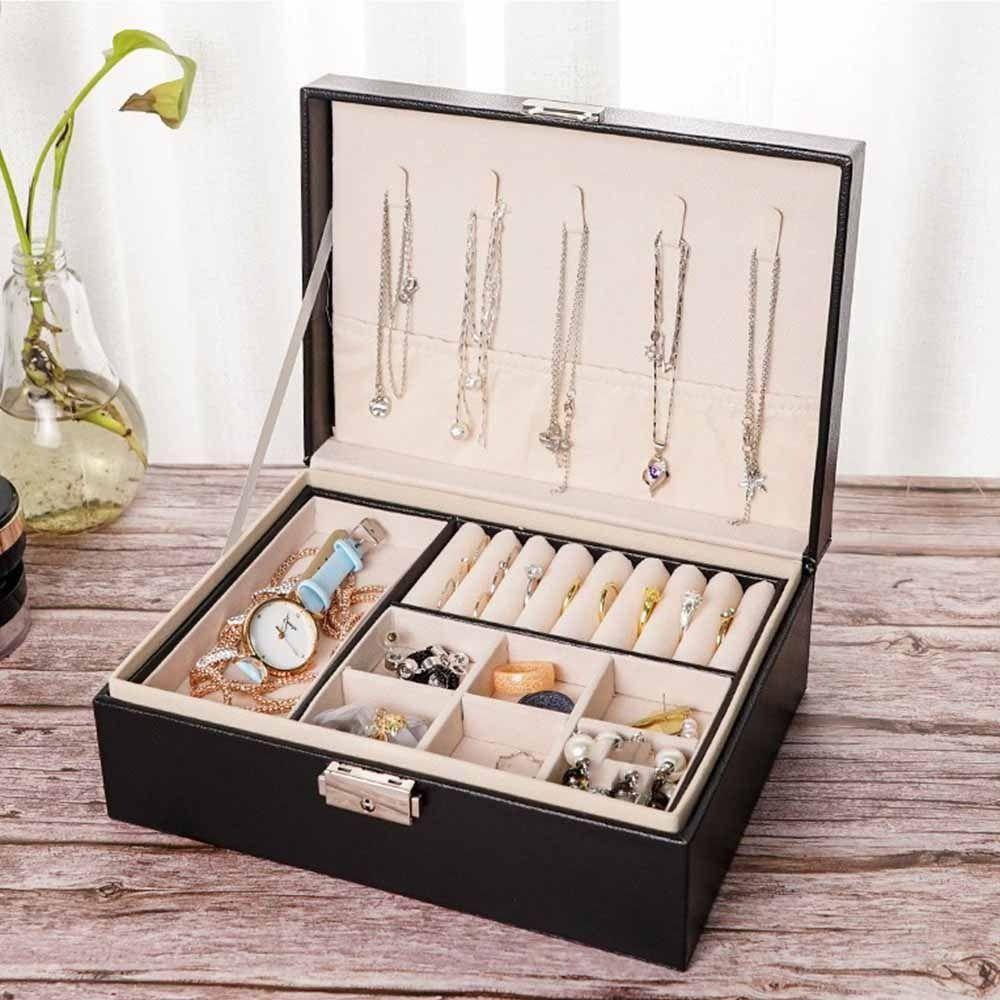 with Lock Leather Jewelry Organizer PU Leather Jewelry Display Case Double-layer Jewelry Box  Women
