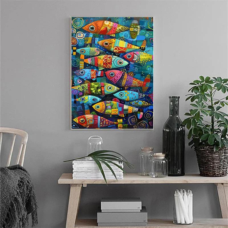 Abstract Colorful Fish In The Sea Canvas Posters and Prints Painting Vintage Home Kitchen Wall Art Decor Mural No Frame
