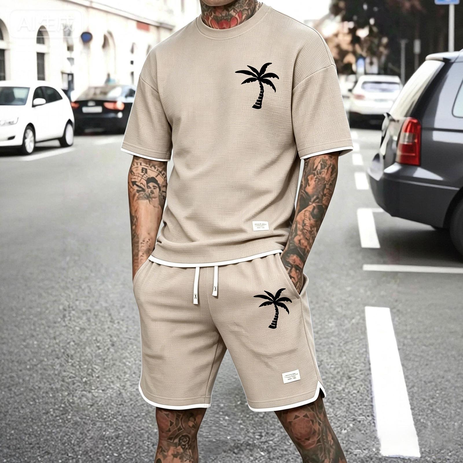 

Men s Summer Casual 2-Piece Outfit Round Neck Short Sleeve Tee Shorts Set XXXL бежевый