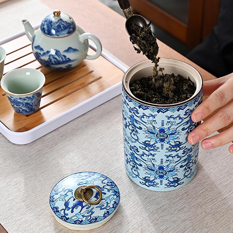 Blue and White Porcelain Tea Canister Cylindrical Candy and Dry Fruit Sealed Box Household Ceramic Nut and Dessert Storage Jar
