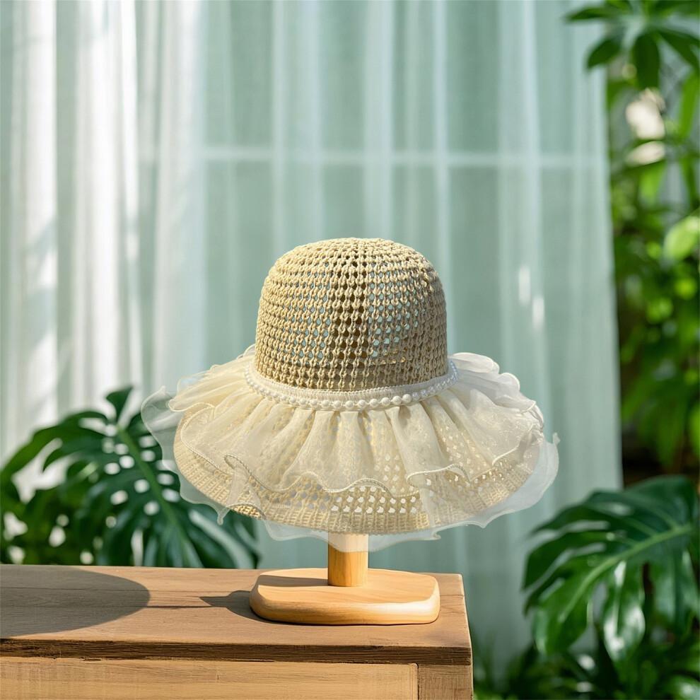 (One Size, Beige) Women's Woven Sun Hats Outdoor Fashionable Mesh Pearl Wide Brim Sun Protection Beach Hat