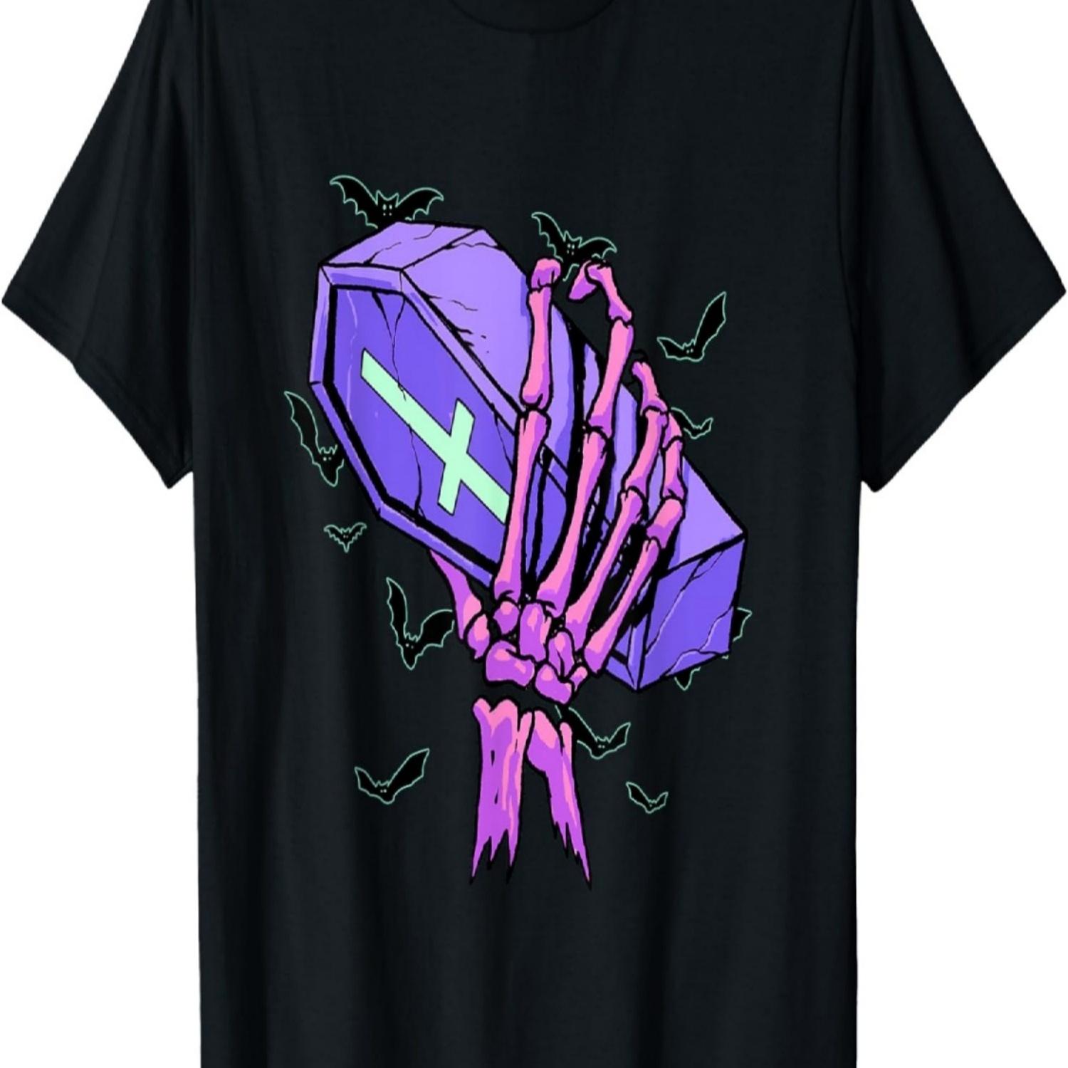 Pastel Goth Skeleton Hand Holding Coffin Halloween Bat Bones T-Shirt S чёрный