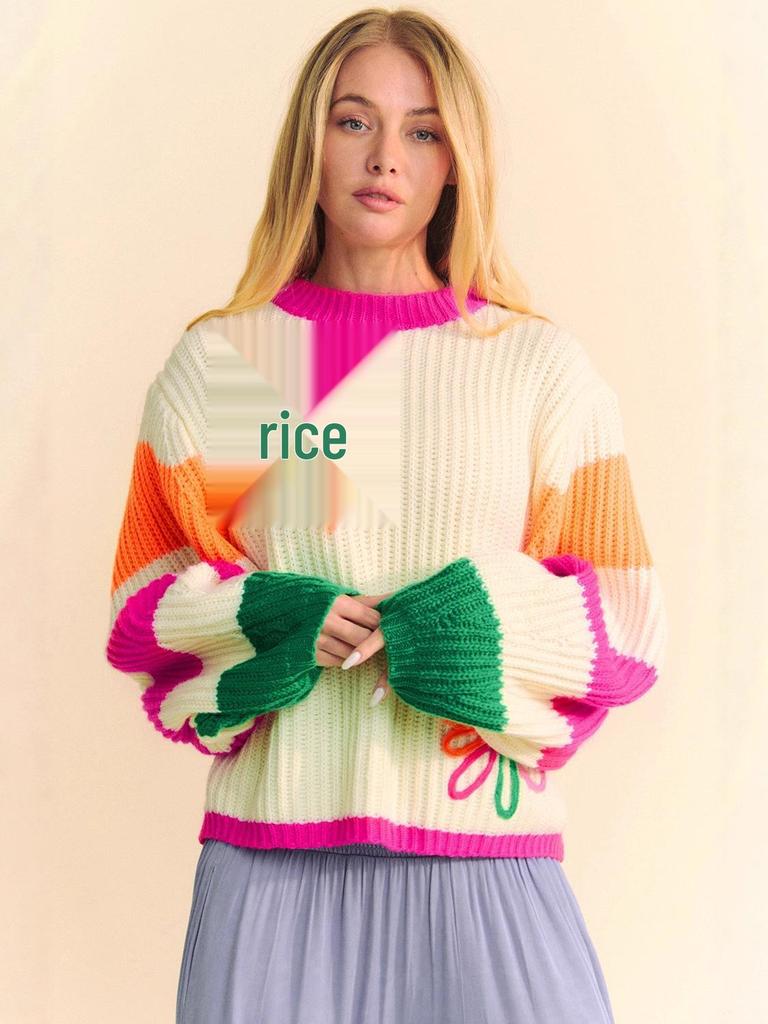 2025 Winter Floral Color Block Knit Pullover for Women - Warm European & American Fashion Sweater