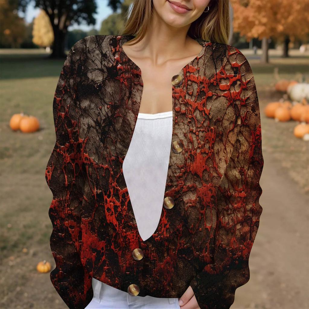 Women's Fashion Printed Long Sleeve Knitted Cardigan Button Down Jacket