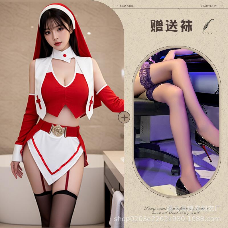 Large size new sexy cosplay hollow uniform home free slit temptation suit nun sexy underwear